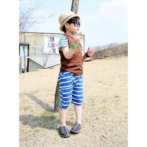 2-7 ages High quality 100% cotton summer children clothes striped cartoon cute kid baby boy clothing set