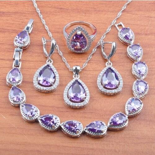 Russian Style Purple Crystal Water Drop Silver Color Jewelry Set For Women Earrings Necklace Pendant Rings Bracelet Set JS0567