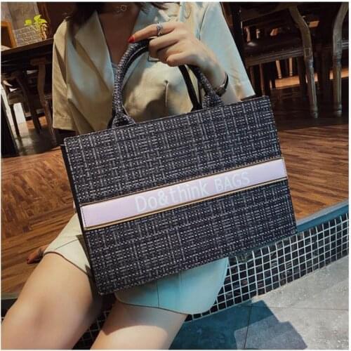 Korean Quilted Knitted Tote for Women Plaid Panelled Shopper Female Handbags Fashion Brand Designer Ladies Top Handle Bag 2021