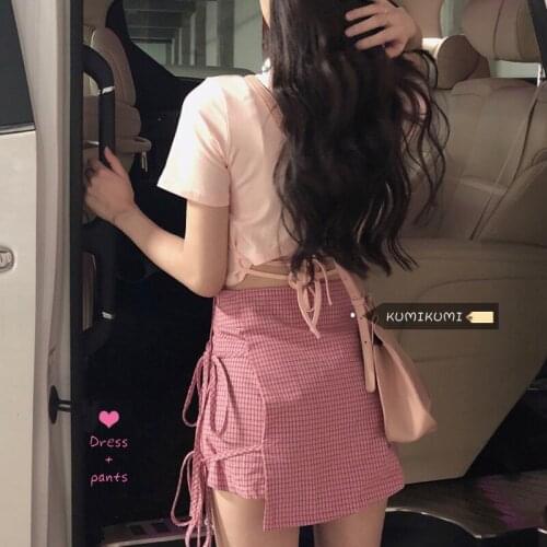 Short Skirt Womens Summer New High-waisted Design Niche Thinness All-match Lace-up Plaid A-line Skirt