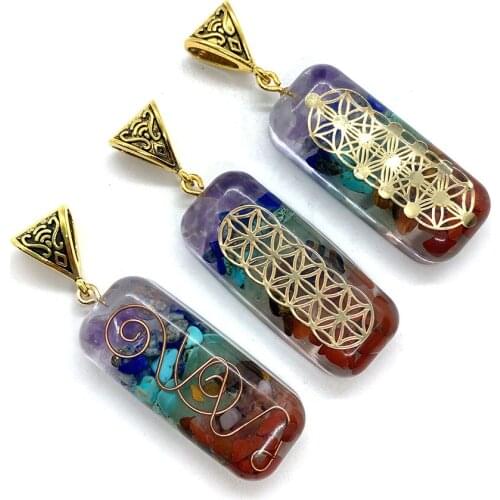 Natural Stone Pendant Resin Rectangular Reiki Healing Stone Amethyst Lapis Lazuli for DIY Necklace Pendant Jewelry Accessories