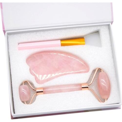 Rose Quartz Roller Facial Massager Powder Crystal Roller Jade Roller Scraper Mask Brush Three-piece Beauty Face-lifting Tool