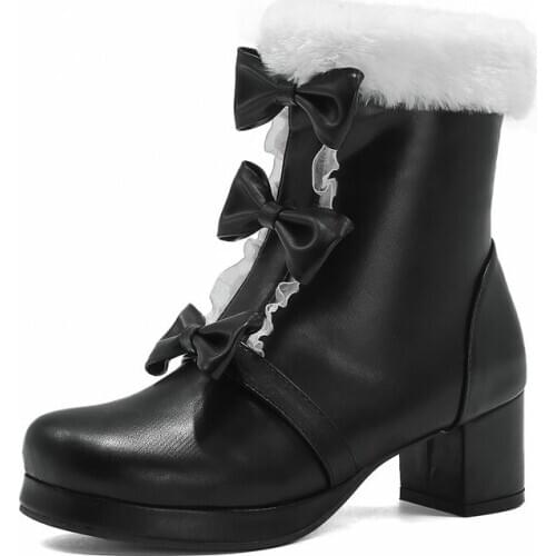 Winter Fashion Girls Sweet Lolita Cosplay Bow Fur Boots Ladies Keep Warm Plush Female Shoes Woman 2020 Side Zipper Party Wear