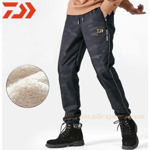 Daiwa Outdoor Men in Autumn and Winter Wind and Water-proof Cashmere Thick Warm Fleece Soft-shell Fishing Mountaineering Pants
