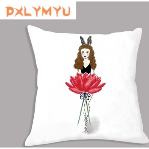 Soft Cushion Cover for Decorative Cushion Nordic Style watercolor Flower Girl Print Pillow Case White Plush Pillow Covers