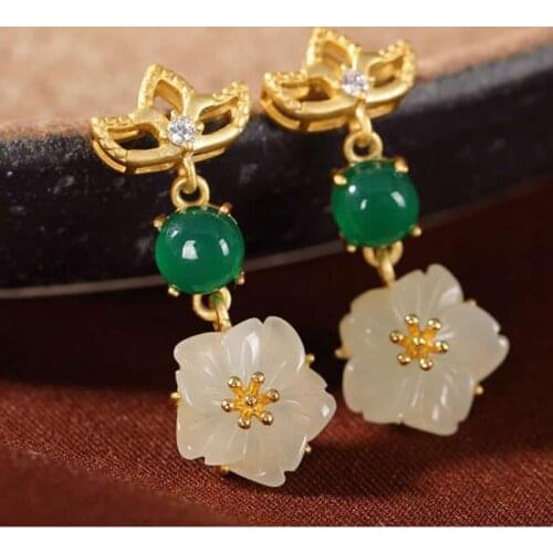 Natural Flower White Jadeite Earrings Women S925 Silver Dangle Earrings Vintage Earrings