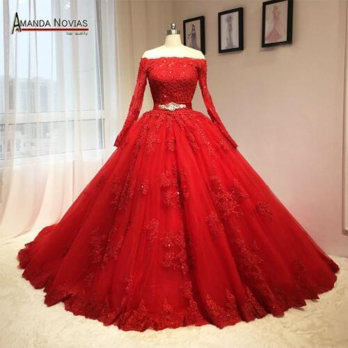 2018 Newest Red Wedding Dress Puffy Ball Gown Long Sleeves Patterns
