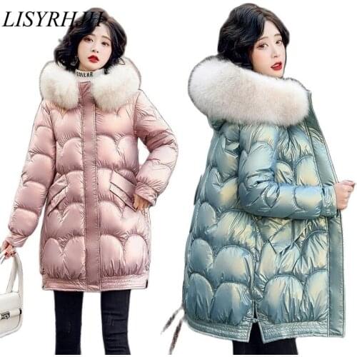 LISYRHJH 2021 New Winter Womens Coat Fur Hooded Female Warm Cotton Padded Jacket Winter Ladies Parkas Long Women Clothing