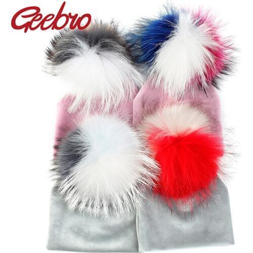 Geebro Newborn Baby HatBeanie Solid Hats For Baby Girls Boys Toddler Winter Children Caps 15cm Raccoon 3 Color Patchwork Pompom