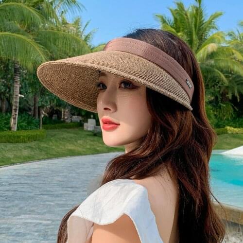 Raffia Magic Tape Panama Women Straw Hat Empty Top 2021 Womens Summer Hat Sun Protection Outdoor Sports Fishing Beach Chapeau