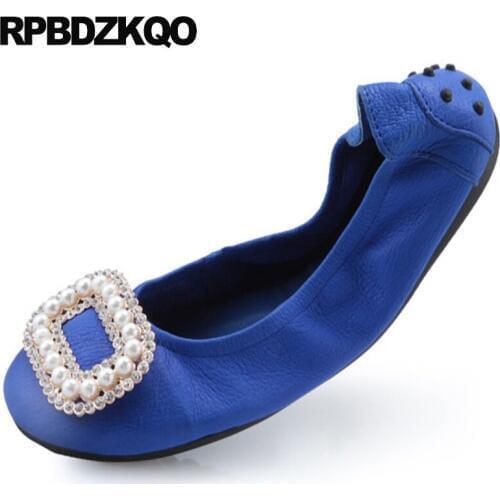 Foldable Ballet Flats Roll Up 10 Women Rhinestone Spring Autumn Crystal Blue Ballerina Fashion Beautiful European Latest Drop
