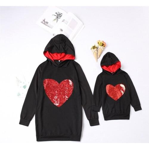 Sequined Heart-shaped Parent-Child Hooded Sweater 2021 Mom And Daughter Matching Clothes Family Matching Outfits Kids Sweatshirt