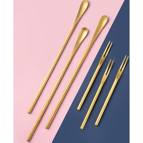 Titanize Coffee Spoon Stainless Steel Fork Gold Lovely Salad Dessert Spoon Cake Fork Small Household Creative Fruit Stick