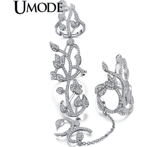 UMODE Brand Fashion Luxury Anel White Gold Color Micro CZ Unique Two Full Finger Rings With Chain For Women Jewelry Gift AUR0264