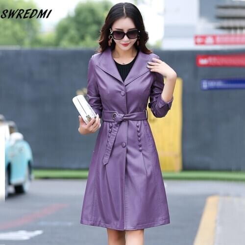 Spring Leather Trench Women Slim Office Lady Long Leather Coat Female Faux Leather High Quality Leather Jackets SWREDMI