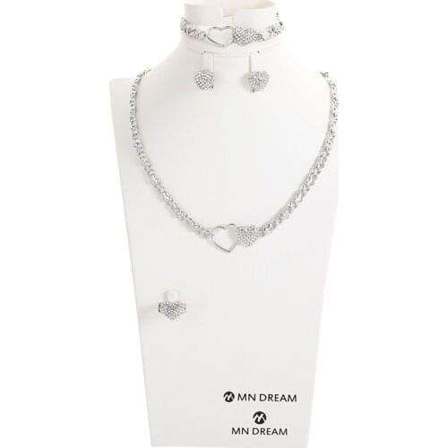 Nigerian Wedding African Beads Jewelry Sets Crystal Heart Necklace Sets Silver Color Jewelry Set Wedding Accessories Party