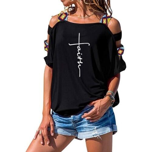 New Women T shirt Summer Tee Shirt girl Femme Funny Cross faith Letters print Jesus Sexy Hollow Out Shoulder Tee