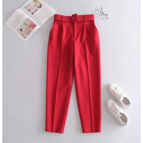 Women Chic Fashion High Waist with Belt Pants Vintage Zipper Fly Pockets Office Wear Female Ankle Trousers Multicolor Pants