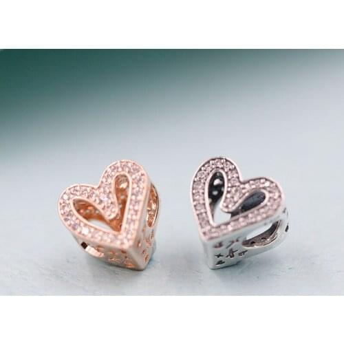 Valentines Charm 925 Sterling silver Sparkling Freehand Heart Charms with Rose Fit Pan Bracelets DIY for Women Wholesale