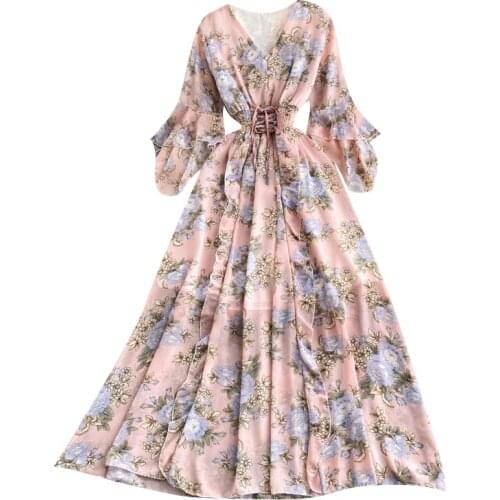 Summer New Fashion Temperament Vestidos Female V-neck Straps Slim Print Seaside Vacation Beach Chiffon Midi Dress KK530