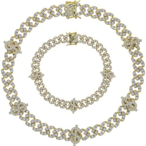 Iced Out Bling Hip Hop Bling Women Jewelry Micro Pave 5A Cubic Zirconia Cz Dollar Charm Cuban Chain Bracelet Necklace Set