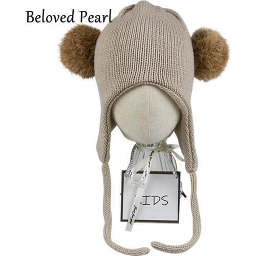 Winter Knitted Russian Bomber Hat for Boys Double Layer Thick Rabbit Fur Pompon Earflap Caps for Girls