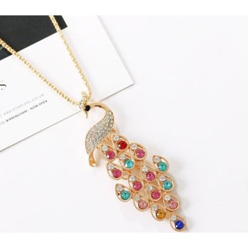 Gold Color Peacock Necklace Long Pendant Crystal Hollow Metal Chain Girl Women Rhinestone Animal Statement Charm Sweater Jewelry