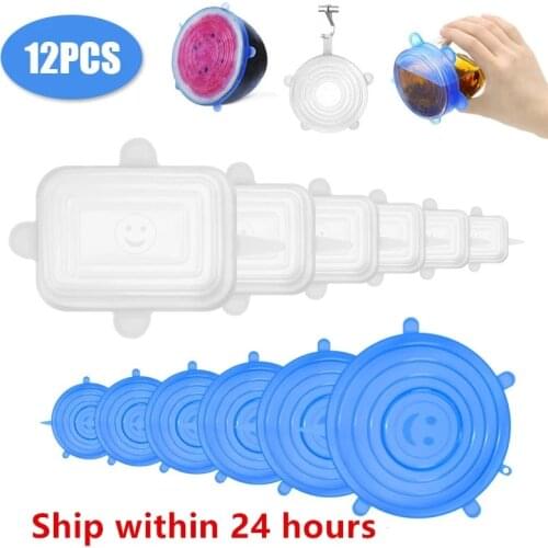 6/12Pcs Food Silicone Fresh Cover Silicone Stretch Lids Kitchen Reusable Seal Lid bowl Lid Cover Food Wrap Kitchen Accessories