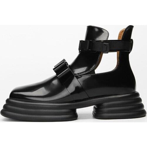 Retro Square Toe Buckle Strap Black Increased Ankle Motorcycle Boots For Woman New Punk Hollow Thick-Soled Sandals Womens Boots