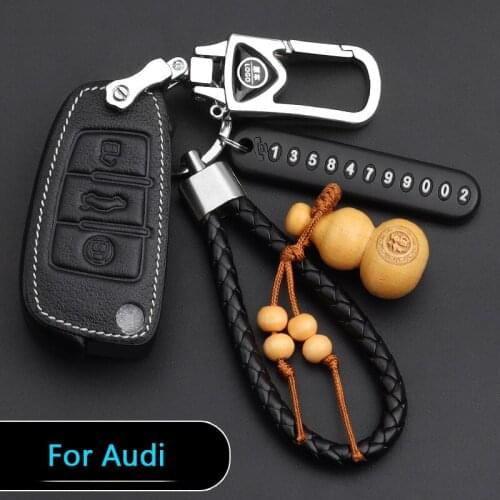 Cowhide Leather Car Key Case For Audi A4 A5 A6 A7 A8 Q3 Q5 Q7 Auto Metal Zinc Alloy Keychain Key Rings protect Cover Gift Sets