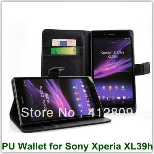 Hot Sales Black PU Wallet Back Cover Case for Sony Xperia Z Ultra XL39h with Credit Card Holder Slot Stand Case Free Shipping