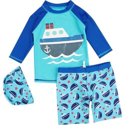Children Boy Swimsuit Long Sleeve Tops+Pants+Cap 3Pcs Kids Boy Clothing Bathing Swimming Cartoon Boy Swimsuit Bebes Swimwears