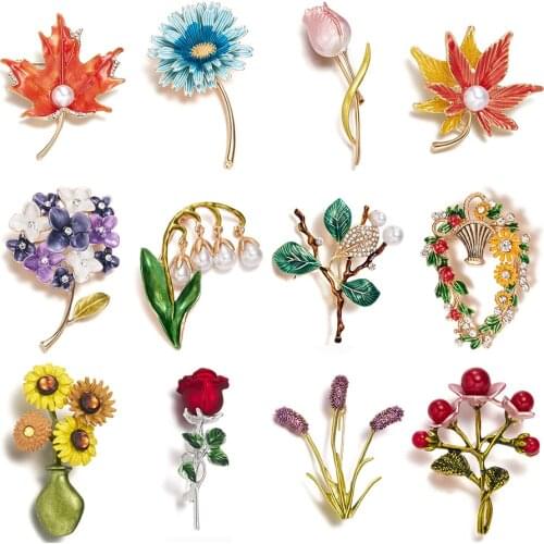 Rinhoo Plant Flower Enamel Brooch Retro Maple Leaf Daisy Tulip Bouquet Flower Basket Bell Orchid Rose Lapel Pins Wedding Jewelry