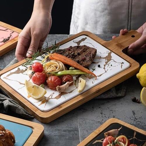 Nordic Imitation Marble Ceramic Steak Dish with Wooden Tray Breakfast Dinner Plates Dessert Tray Home Decoration Tableware Set