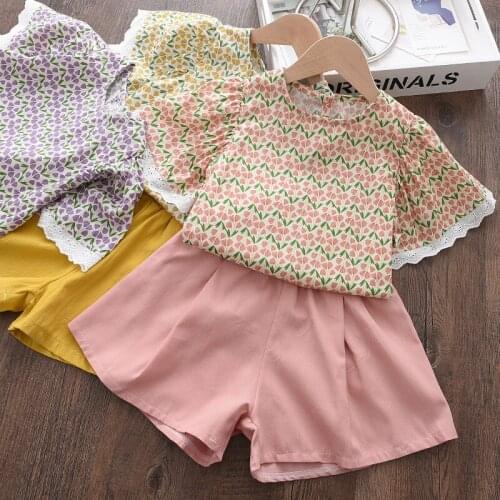 2021 New Summer Girls Flowers Clothing Sets Kids Baby Toddler Girl Clothes Plaid Skirt Set Cotton Floral Lace Clothes Suits 2-6Y