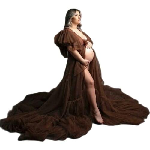 Brown Ruffles Maternity Dress for Photoshoot Chic Kimono Pregnant Party Sleepwear Women Bathrobe Nightgown Robe Cheap