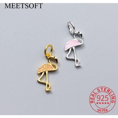 MEETSOFT Trendy 925 Sterling Silver Flamingo Dangle Charms DIY Handmade Fine Jewelry Necklace Deocration Accessory Gift