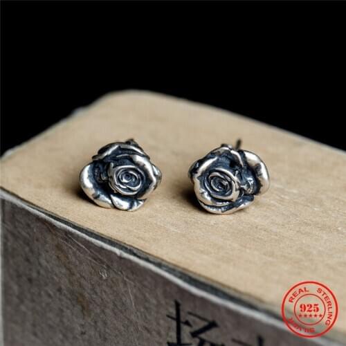 MKENDN 100% 925 Sterling Silver Retro Black Death Rose Flower Stud Earrings Trendy Street Punk Ear Fine Jewelry For Men Women