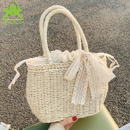 Fashion Ribbon Ladies Straw Bag 2021 Summer New Rattan Bag Handmade Woven Bohemia Beach Woman Drawstring Design Travel Handbags