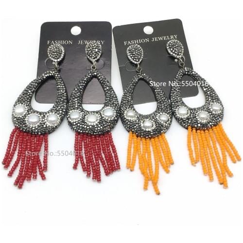 Trendy Natural Pearl Crystal Glass Tassel Dangle Drop Earrings Set Bohemian Water Drop Rhinestone Earring Women Jewelry Hot Sale