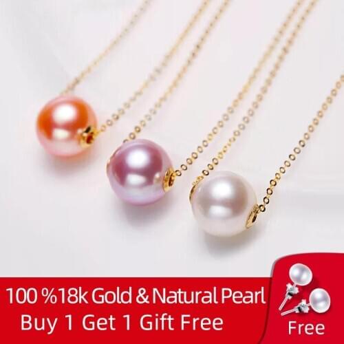Natural Freshwater Pearl Pendant Necklace 18K Pure Yellow Gold Chain White Pink Purple Round Pearl Women Fine Jewelry D509