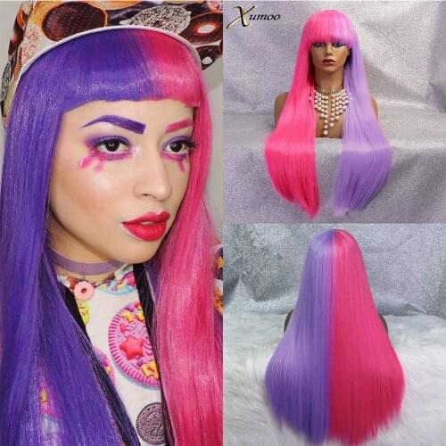 XUMOO Half Pink Half Purple Synthetic Wig With Bangs High Temperature Fiber Non-Lace Wig Long Straight Cosplay Wigs For Women