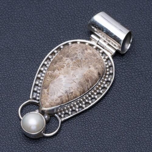 Natural Fossil Coral and River Pearl Punk Style 925 Sterling Silver Pendant 2" Q0671