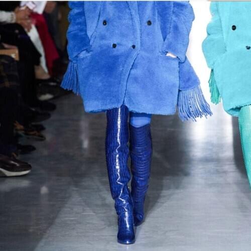 Women PU Leather Boots Snake High Heel Winter Long Boots Blue Chunky Pointed Toe Over Knee Shoes Botines Mujer Botas