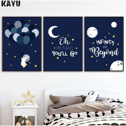 Nordic Cartoon Rabbit Moon Earth Balloon Posters And Prints Wall Art Canvas Painting Nursery Pictures Kids Room Home Decoration