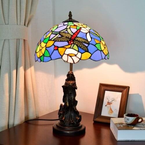 Mediterranean Blue Dragonfly Rose Living Room Dining Room Bedroom Bedside Table Lamp Bar Beauty Tiffany Glass