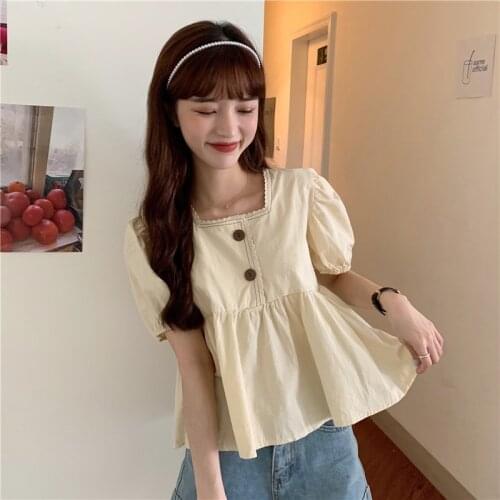 Blouse Temperament puff-sleeved doll shirt top female design sense niche shirt female summer 2021 new short shirt