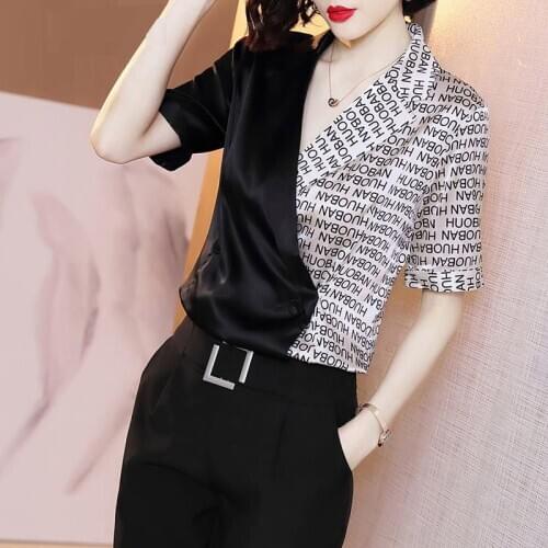 Women Spring Summer Imitate Silk Blouses Shirts Lady Casual Short Sleeve V-Neck Patchwork Printed Blusas Tops ZZ0686