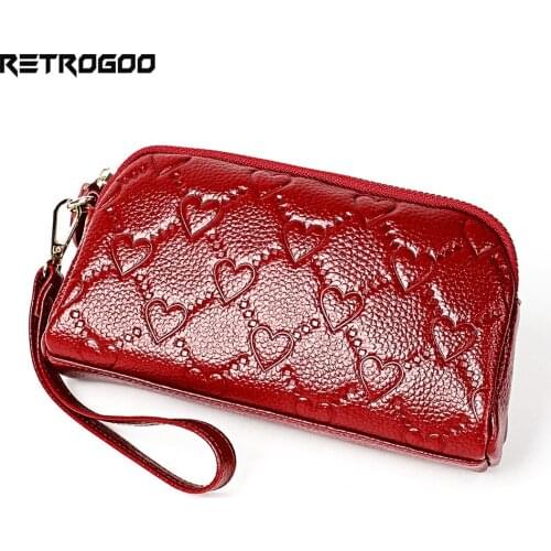 RETROGOO Genuine Leather Clutches For Women Long Wallet Purse Zipper Pocket Card Holder Cateira Wristlet Clutch For Lady Clutch