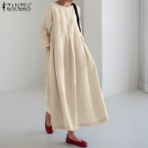 ZANZEA Women Autumn Sundress Women Elegant O Neck Long Sleeve Solid Long Dress Vintage Pleated Loose Party Vestidos Kaftan Robe